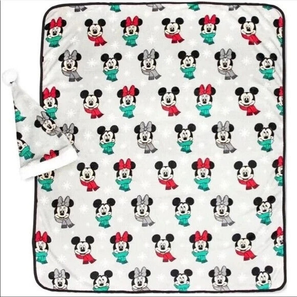 Disney Mickey Minnie Mouse Holiday Travel Blanket and Santa Hat Set 40x50 Fleece